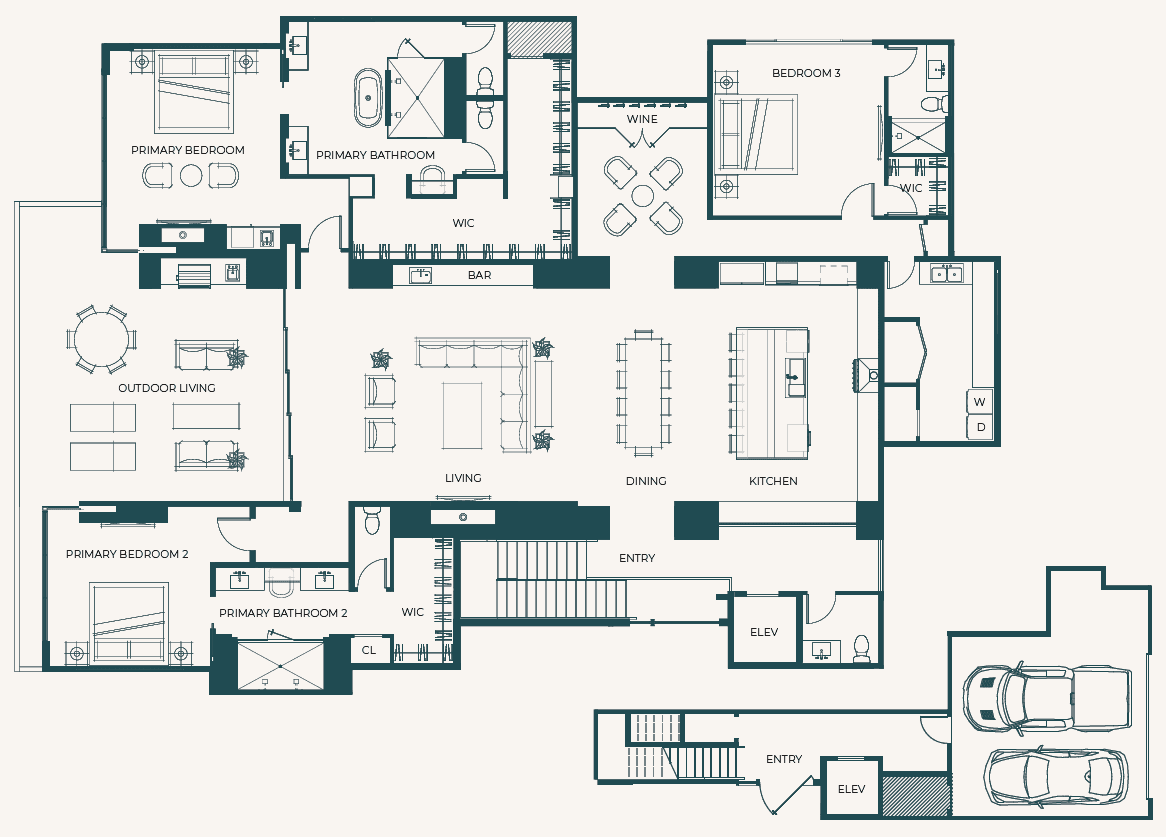 Floor plan of 18 Kaya Canyon Way at Ascaya, showing three bedrooms, including dual primary suites, open living and dining areas, a kitchen, outdoor living space, elevator access, and a two-car garage.