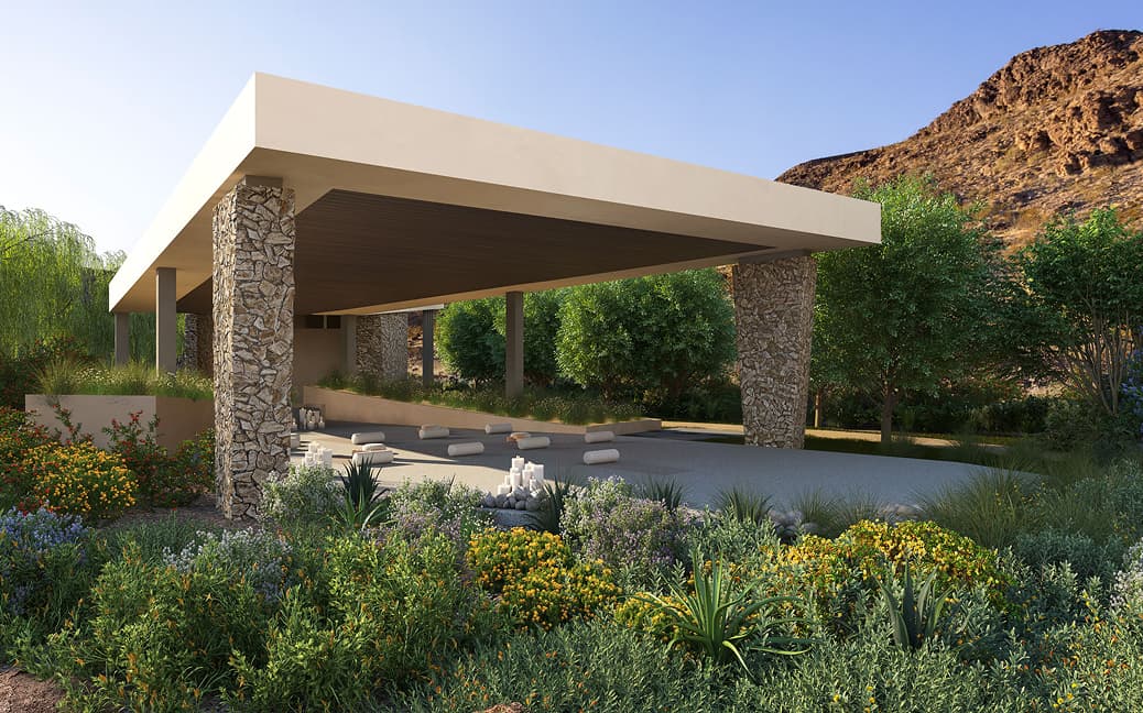 Modern outdoor yoga pavilion with stone columns, landscaped garden, and serene desert setting.
