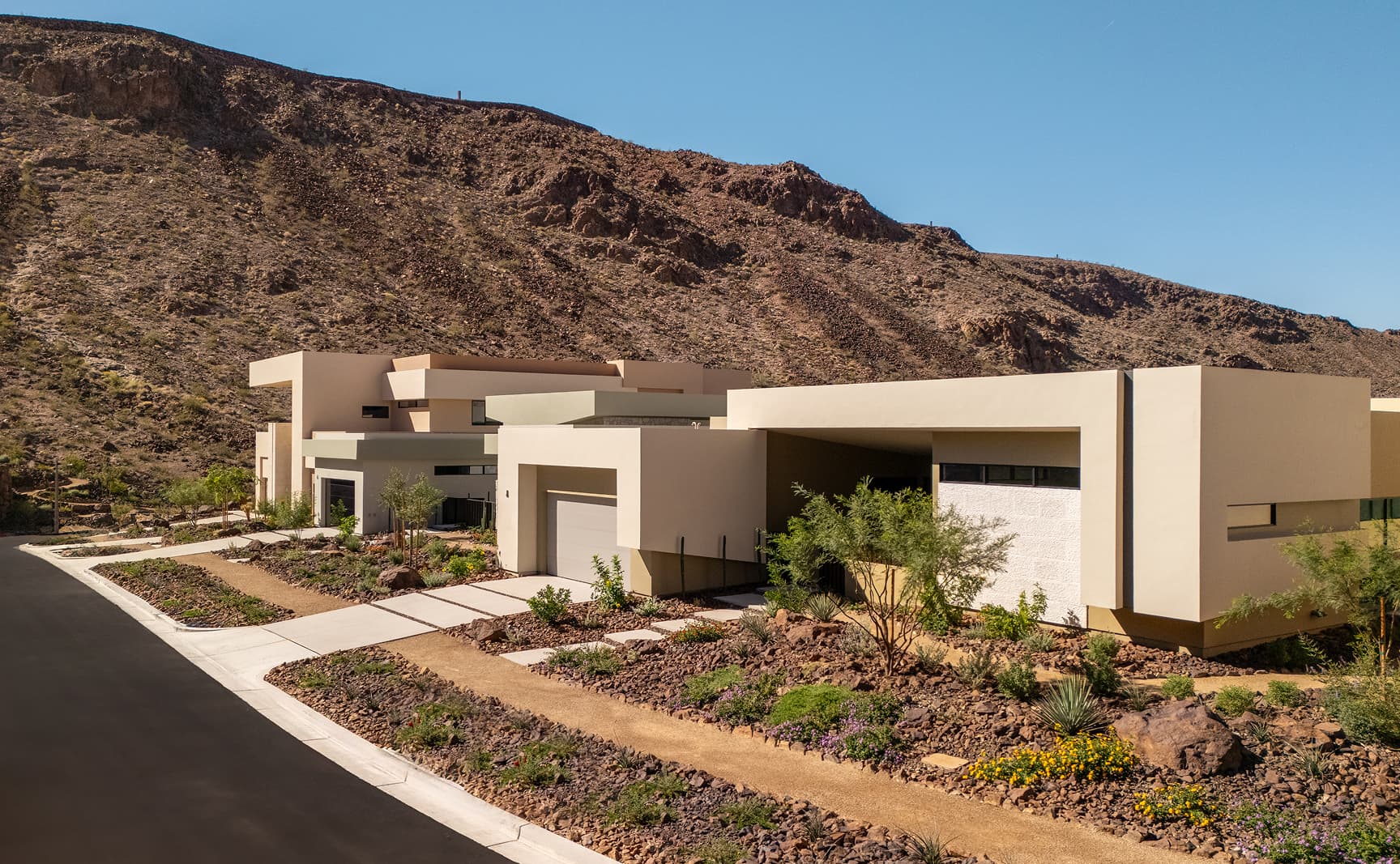 Contemporary desert homes with minimalist architecture, landscaped xeriscape gardens, and scenic mountain backdrop in a luxury residential community.