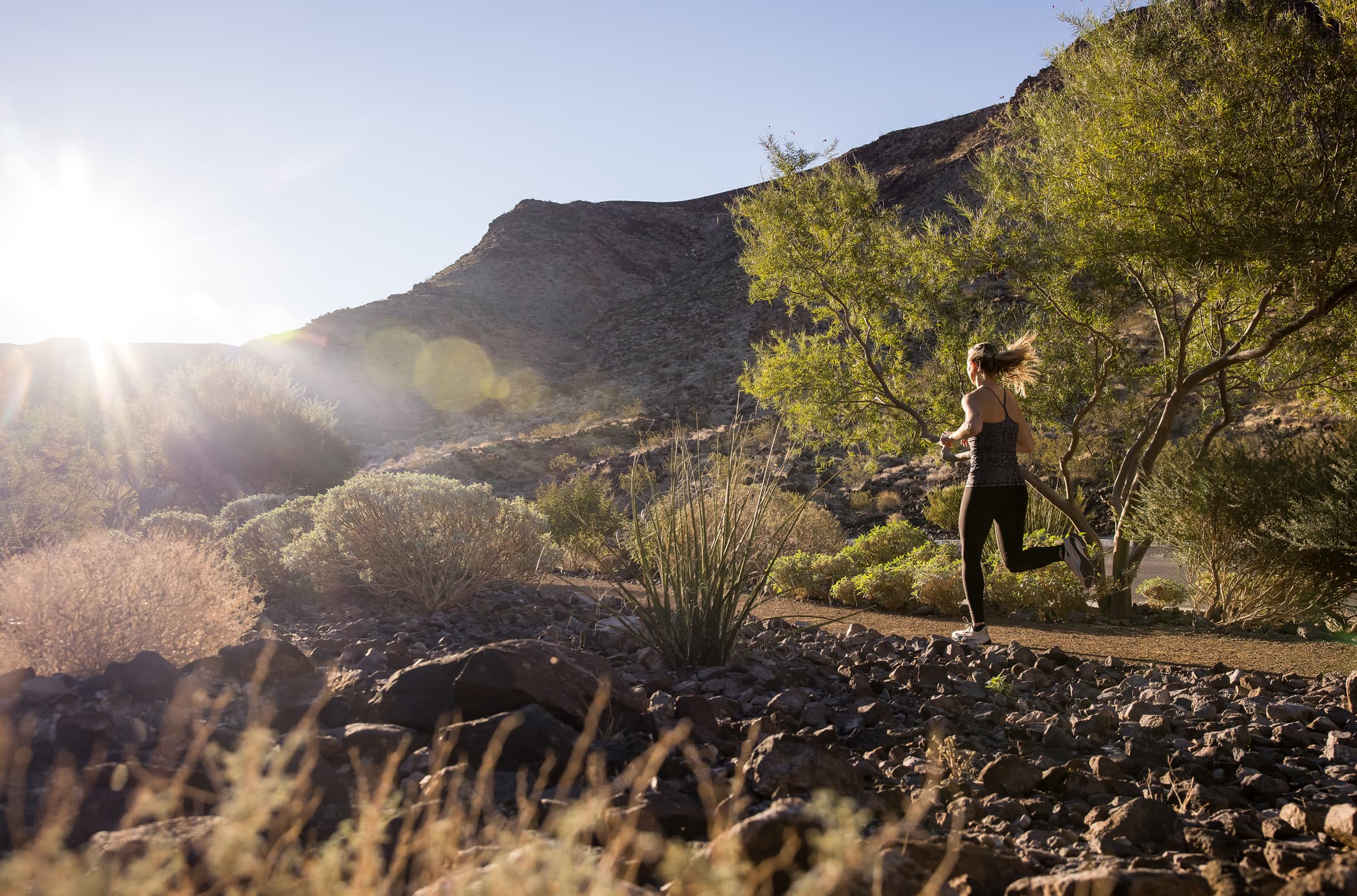 A resident jogging along a scenic desert trail at Ascaya, surrounded by rugged mountains, native landscaping, and warm sunlight.
