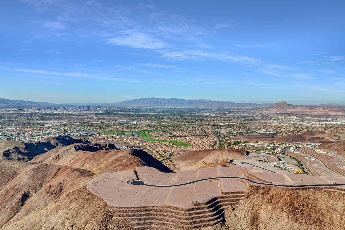 Aerial view of Ascaya Cloud Rock homesites overlooking the Las Vegas Valley and surrounding desert mountains