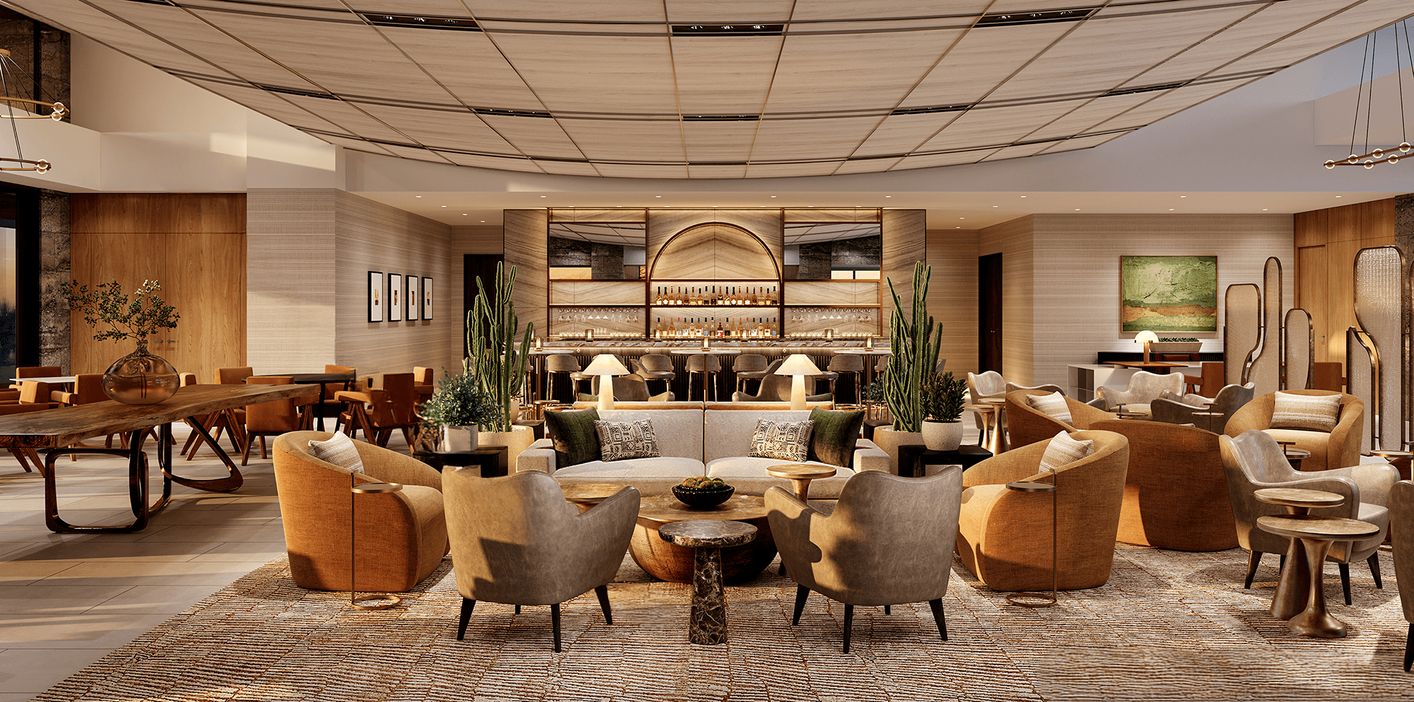 Elegant clubhouse lounge with warm-toned seating, bar area, and modern desert-inspired decor.