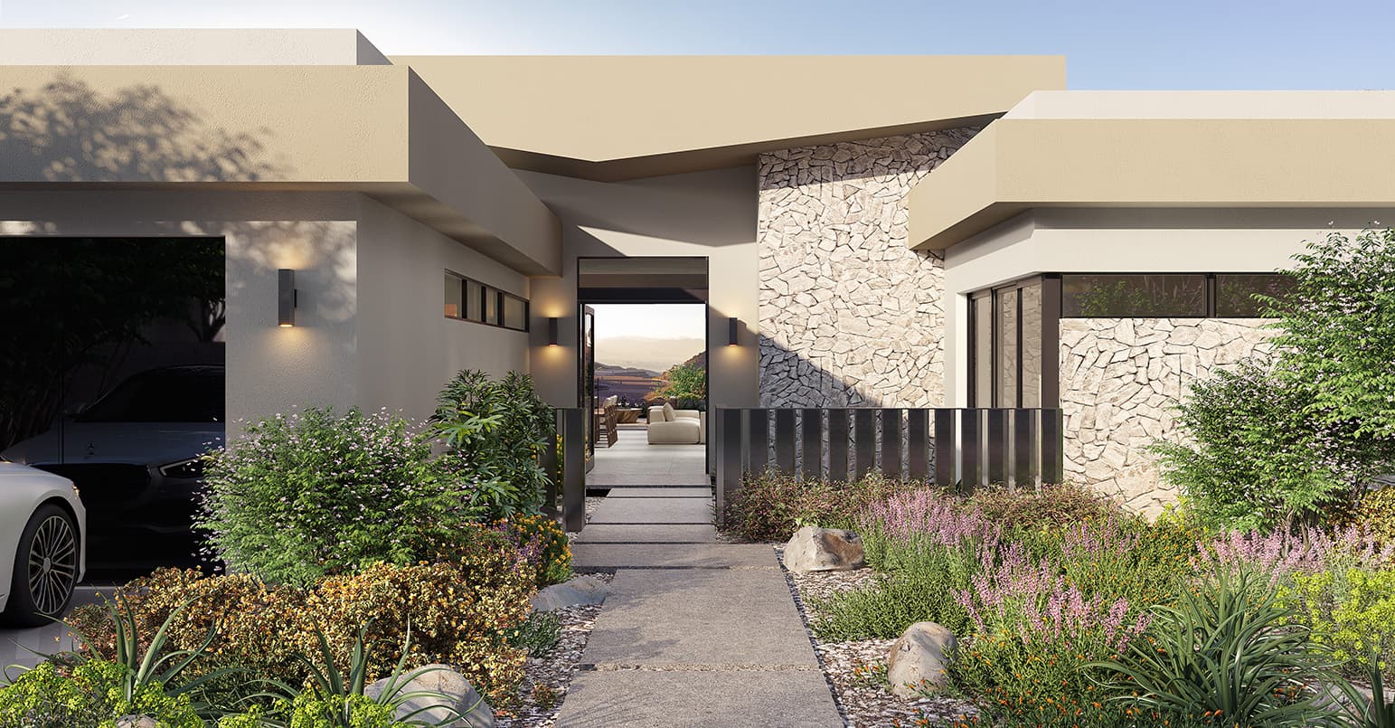 Modern luxury desert home exterior with open-concept patio, floor-to-ceiling glass, and landscaped garden.