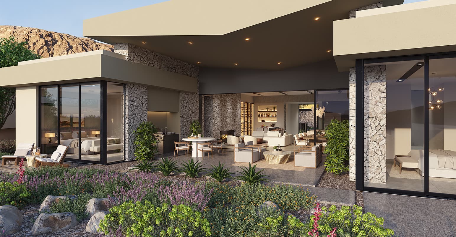 Modern luxury desert home exterior with open-concept patio, floor-to-ceiling glass, and landscaped garden.